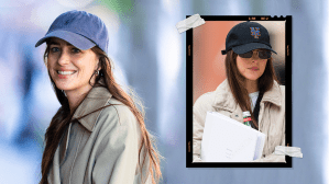 Two pictures of Dakota Johnson wearing baseball caps.