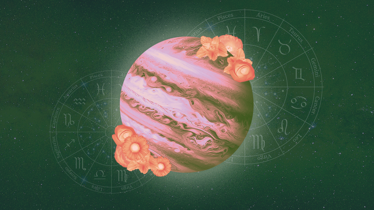 Planet Jupiter with flowers growing around it, representing the way your Jupiter sign influences your personality