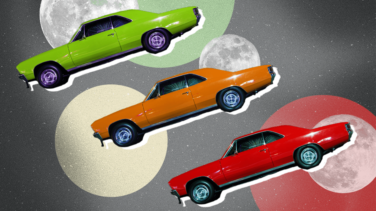 A set of cars driving across the night sky in front of a set of full moons, representing the car you should drive, according to your zodiac sign