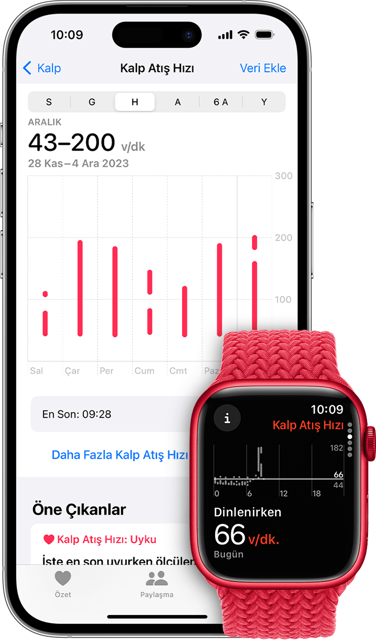 iPhone'daki Sağlık uygulamasında kalp ölçümleri ve Apple Watch'taki uygulamada, dinlenme sırasındaki kalp atış hızı