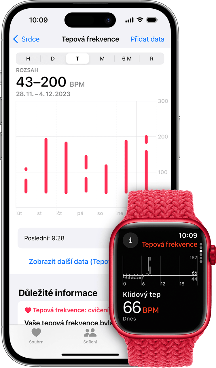 Měření tepu v aplikaci Zdraví na iPhonu a klidovou tepovou frekvenci v aplikaci na Apple Watch
