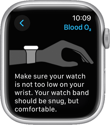Een schermafbeelding van de Apple Watch Series 7 met uitleg over hoe je de Watch moet dragen voor de beste resultaten.
