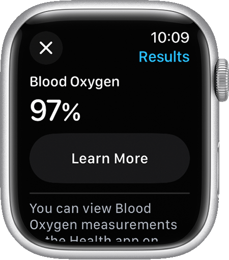 Résultats d’une mesure de l’app Oxygène sanguin sur une Apple Watch