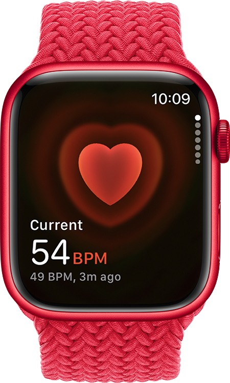 Приложението Heart Rate (Сърдечна честота), показващо 54 удара в минута (BPM) текуща честота