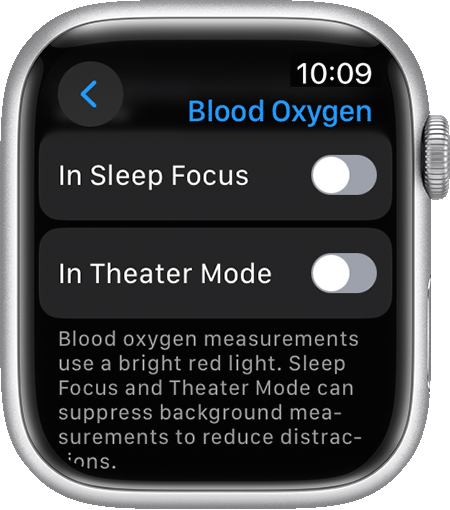 „Apple Watch Series 7“ rodoma programos „Blood Oxygen“ nuostatų ekrano nuotrauka.