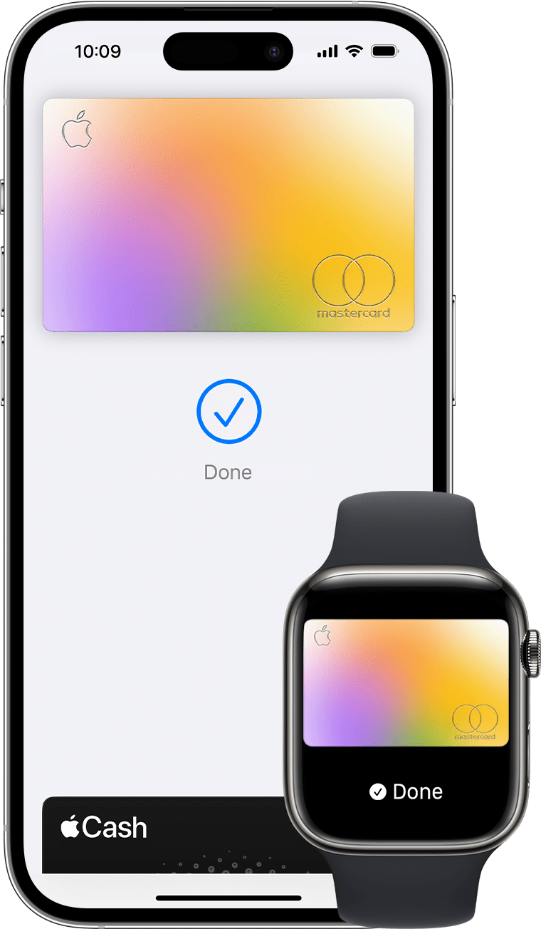 En iPhone och Apple Watch som visar en genomförd betalning med Apple Pay