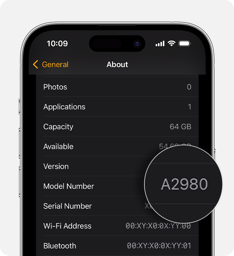 iPhone שמציג את המסך 'מידע על' ואת המספר של דגם המוצר