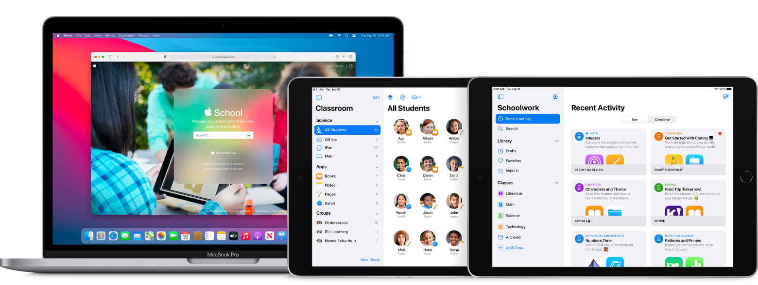 Apple School Manager 로그인 페이지가 표시된 MacBook Pro와 스쿨워크 앱을 사용 중인 두 대의 iPad 기기.