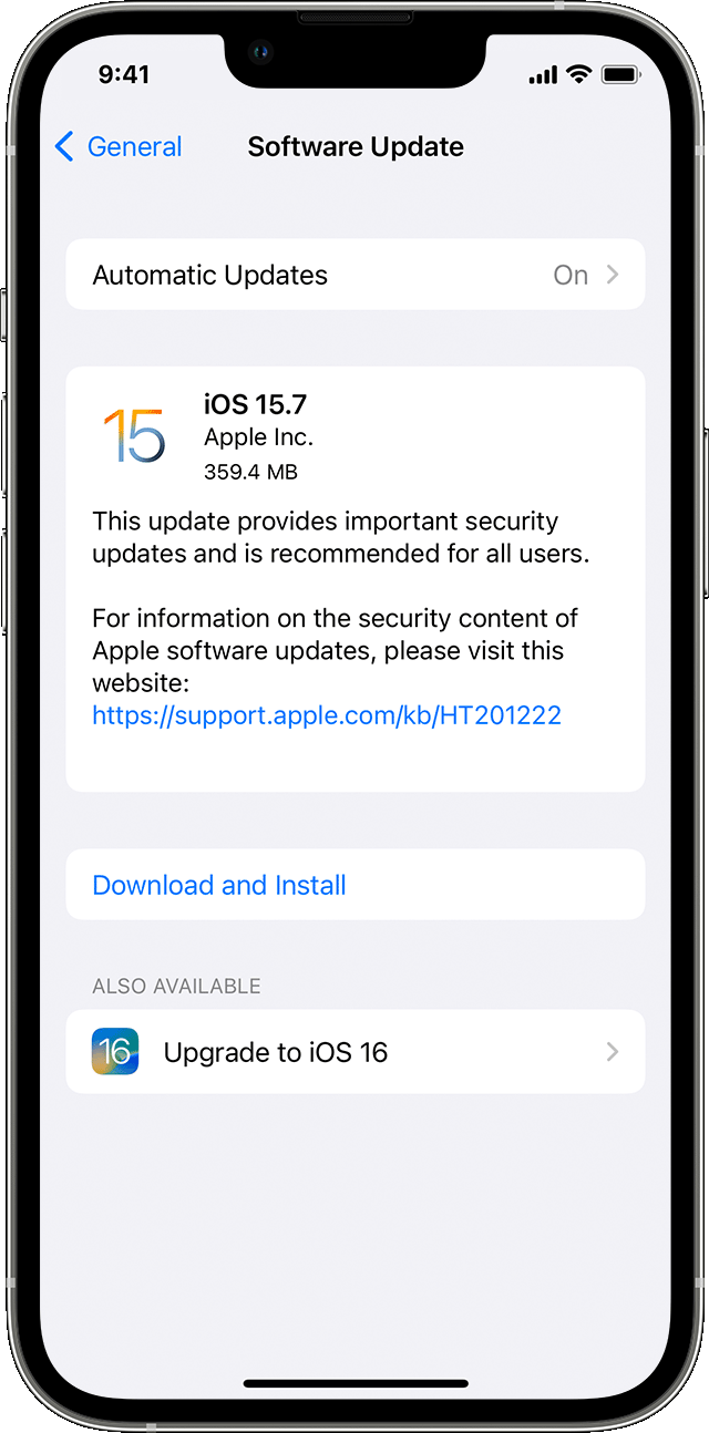 The Settings app on iPhone showing options to update to iOS 15.7 or iOS 16.