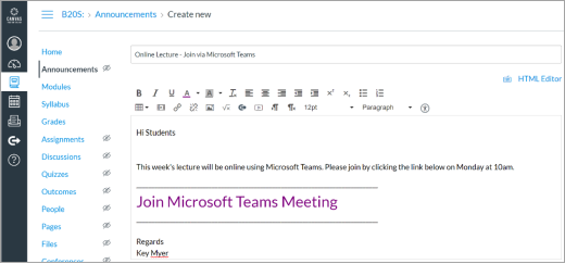 Tuval gönderisindeki Microsoft Teams bağlantısı