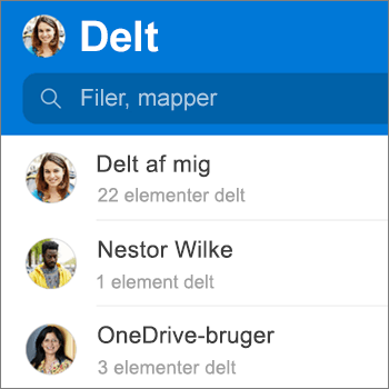 Visningen Delte filer i appen OneDrive til Android