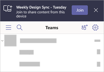 A banner in Teams saying that Weekly Design Sync - Tuesday is nearby with the option to join from your mobile device.