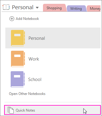 Screnshot of the OneNote 2016 Notebooks pane with Quick Notes highlighted