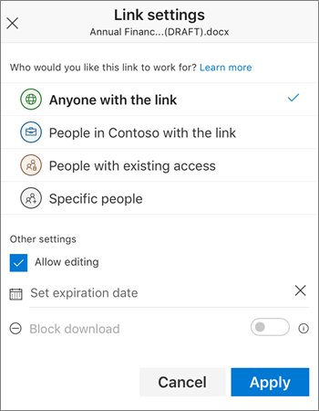 Link sharing options for OneDrive for Business in the iOS mobile app