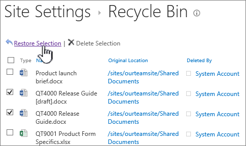 SharePoint 2013 2nd level recycle bin with restore button highlighted