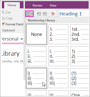 Screenshot of how to add numbering to a page in OneNote 2016.