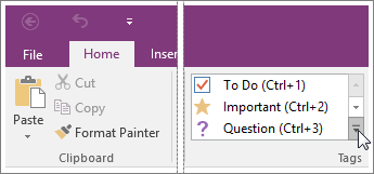 Screenshot of the list of tags in OneNote 2016.
