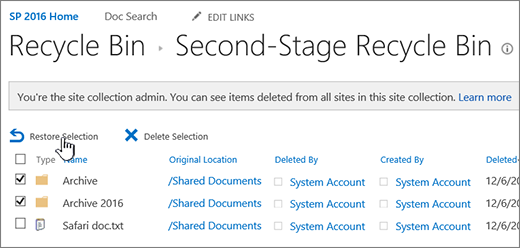 SharePoint 2nd level recycle with restore button highlighted