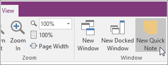 Screenshot of the New Quick Note button in OneNote 2016.