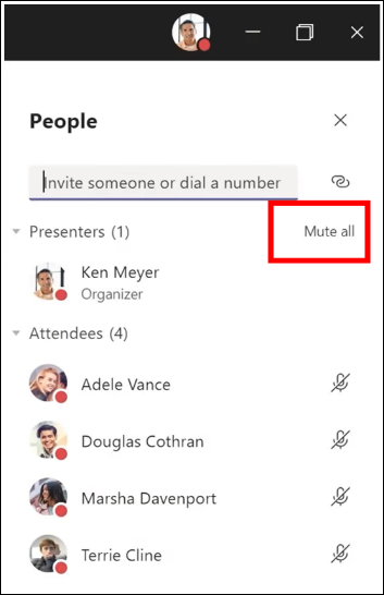 You can mute all participants in a meeting.