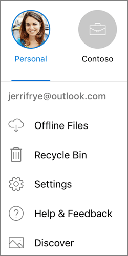 Screenshot of switching between accounts in the OneDrive app on iOS