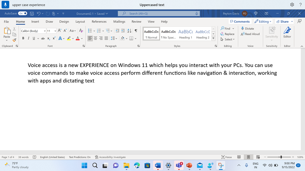 Word document showing the voice access command "Uppercase."