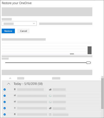 Screenshot of using the activity chart and activity feed to select activities in Restore your OneDrive