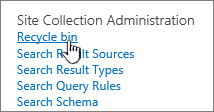 Settings under Site Collection admin heading with Recycle highlighted