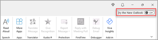 Image showing the Try the New Outlook toggle on in the upper right corner.