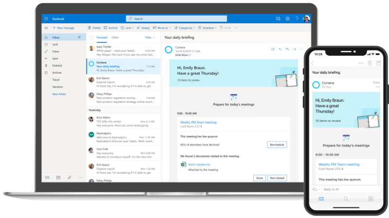 Screenshot of an Outlook inbox on desktop and mobile with Cortana's Briefing email
