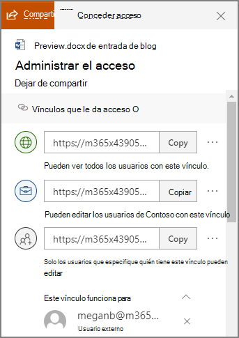 Captura de pantalla del panel administrar acceso que muestra vínculos para compartir.