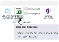 Lindil on esile tõstetud SharePointi Excelisse eksportimise nupp