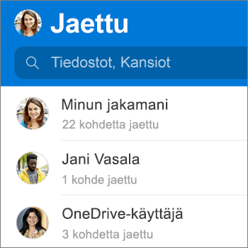 Jaetut tiedostot -näkymä Androidin OneDrive-sovelluksessa