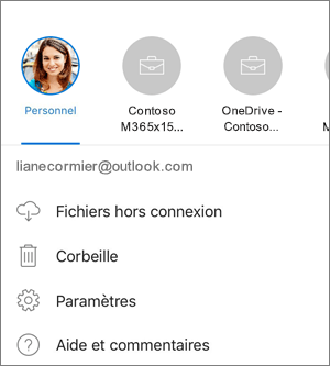 Capture d’écran illustrant un changement de compte dans l’application OneDrive sur iOS