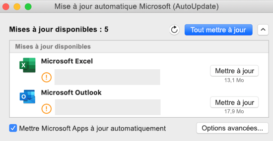 Image du tableau de bord Microsoft AutoUpdate avec les informations sur les mises à jour.