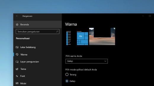 Halaman Warna di Pengaturan Windows diperlihatkan dalam mode gelap