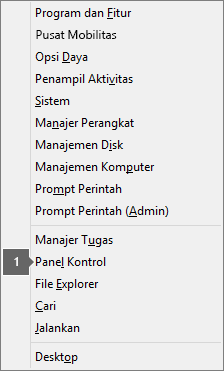 Daftar opsi dan perintah terlihat setelah menekan tombol logo Windows + X