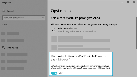 Opsi untuk menggunakan Windows Hello untuk masuk ke akun Microsoft diaktifkan.