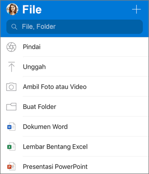 Cuplikan layar menu Tambahkan di aplikasi OneDrive untuk iOS