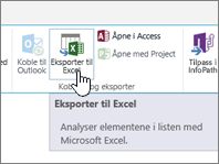 SharePoint-eksport til Excel-knappen på båndet som er uthevet