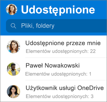 Widok plików udostępnionych w aplikacji OneDrive dla systemu Android