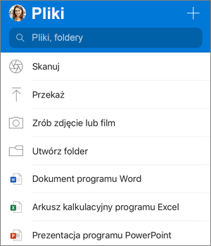 Zrzut ekranu przedstawiający menu Dodawanie w aplikacji OneDrive dla systemu iOS