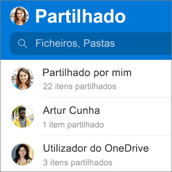 A vista de ficheiros partilhados na aplicação OneDrive para Android