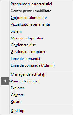 Lista de opțiuni și comenzi pe care o vedeți după ce apăsați tasta siglă Windows + X