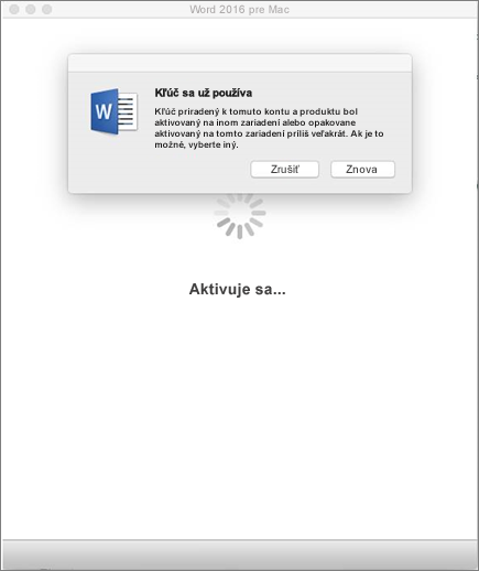 Hlásenie „Kľúč sa už používa“ pri aktivácii balíka Office 2016 pre Mac
