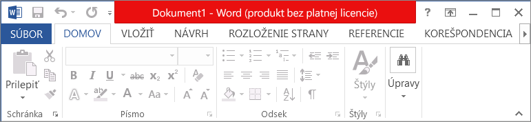 Zobrazený text Produkt bez platnej licencie v červenom záhlaví okna, vypnuté rozhranie a panel s hlásením