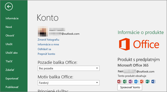 Konto Microsoft priradené k balíku Office sa zobrazí v okne Konto aplikácie balíka Office
