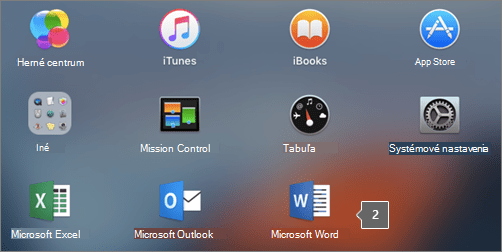 Zobrazuje ikonu Microsoft Wordu v čiastočnom zobrazení Launchpadu